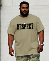 Men's Plus Size Casual Khakis & Green Army Camouflage "Respect" Slogan Chest Print Short-sleeved T-shirt Trousers Suit