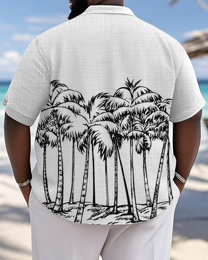 Men's Plus Size Hawaiian Black And White Coconut Printed Short Sleeve Slub Shirt