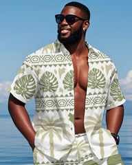 Men's Plus Size Hawaiian Green Tropical Plants Geometric Print Shirt Shorts Suit