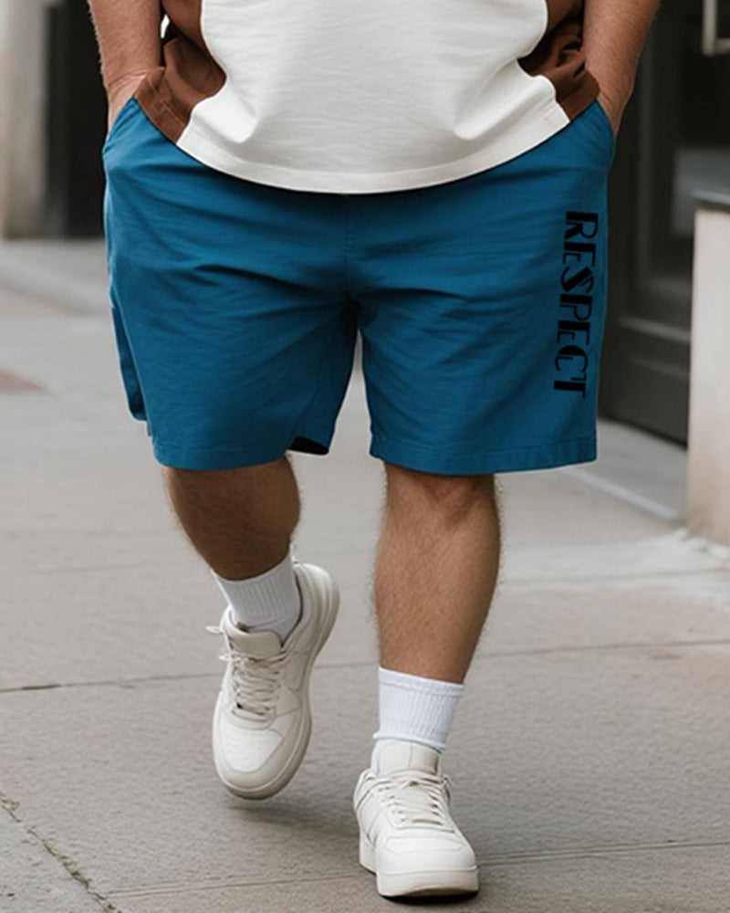 Big & Tall Men's Blue Colorblock Respect Alphabet Print Round Neck Short Sleeve T-Shirt Shorts Suit
