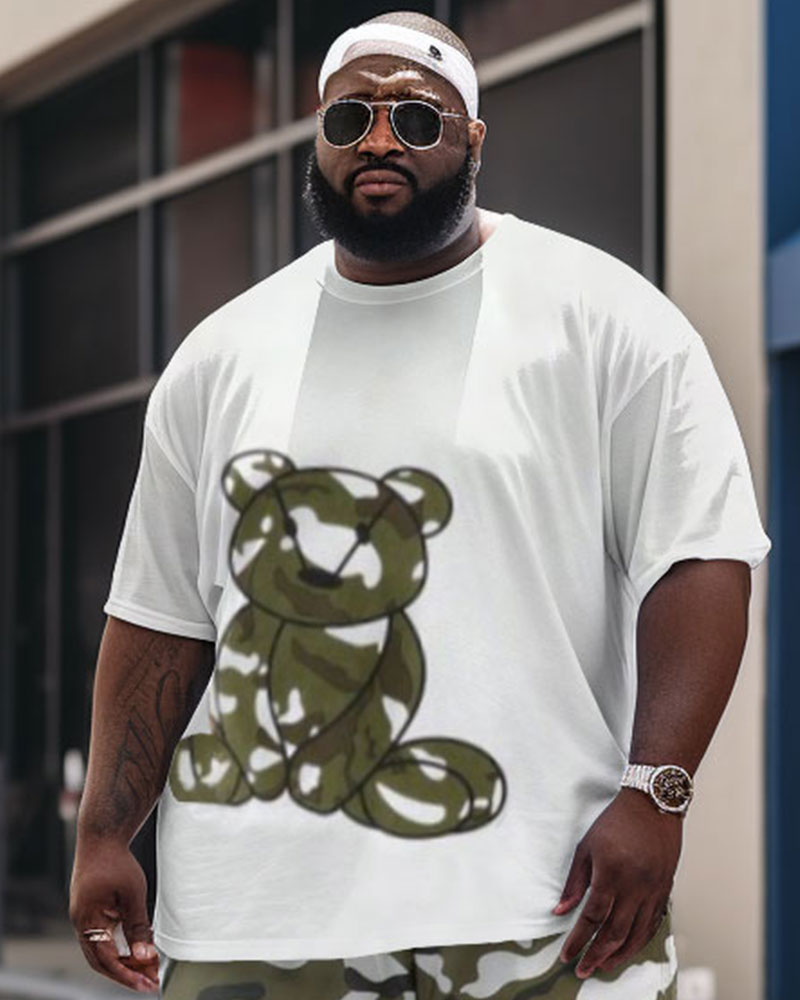 Men's Large Size Street Cartoon Bear Camouflage Graffiti Short Sleeve Shorts Set