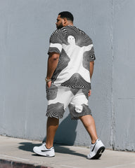 Men's Plus Size Irregular Line Human Shape Outline Fashion Round Neck Short Sleeve T-shirt Shorts Suit