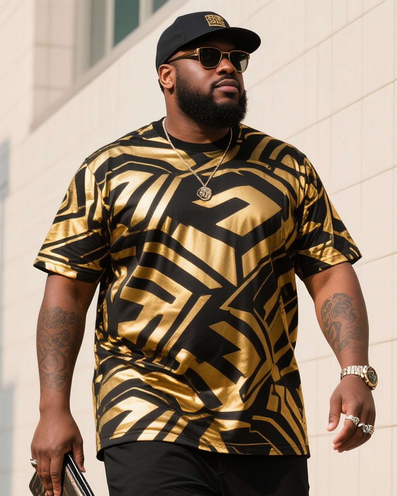Big Boy Street Fashion Black Art Bronzing Printed Short Sleeve Trousers Suit