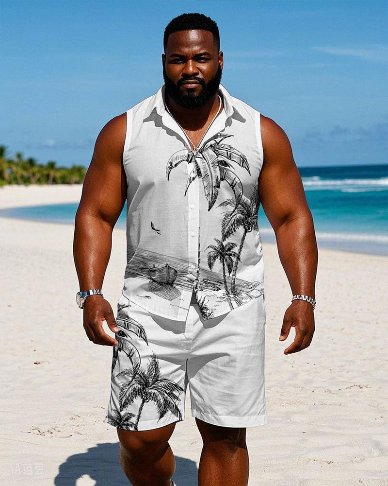Men's Plus Size Hawaiian White Hand Painted Coconut Sleeveless Vest Shirt Shorts Suit