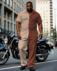Men's Plus Size Casual & Khaki & Brown Colorblock Short Sleeve Shirt Trousers Suit