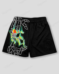 Big & Tall Men's Green Graffiti Skull Finger Print Sports Mesh Quick-Dry Shorts