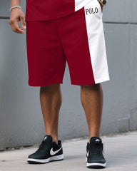 Men's Plus Size Fashion Casual Red & White Stitching Crewneck Short-sleeved T-shirt Half-length Pants Suit