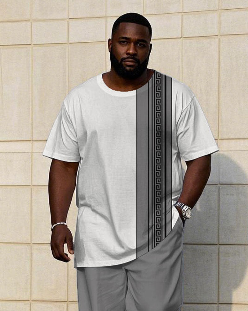 Big Men's Grey & White Patchwork Printed Short-sleeved T-shirt Trousers Set