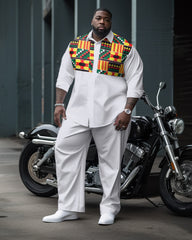 Men's Plus Size Ethnic Check Long Sleeve Shirt Two-Piece Set