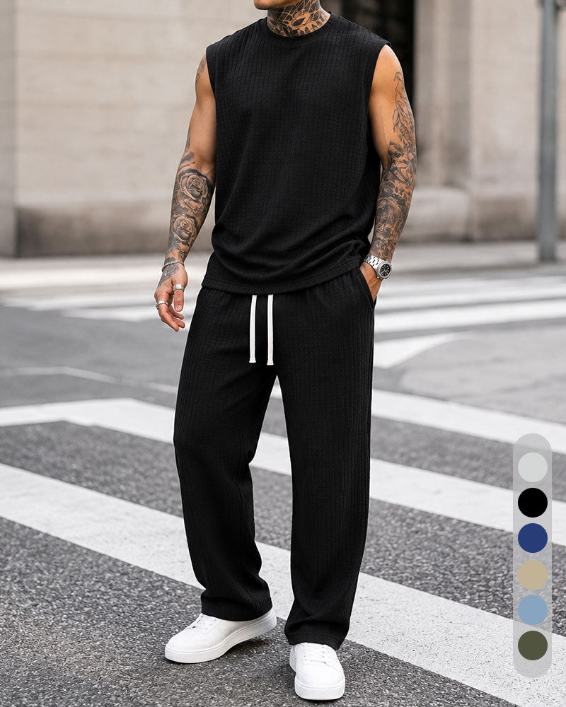 M-8XL Men's Texture Fabric Vest Straight Casual Pants Sports Two-piece Set