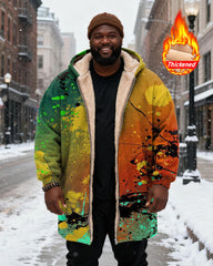 Big & Tall Men's Green Splash Ink Graffiti Print Velvet Thickened Long Hooded Coat