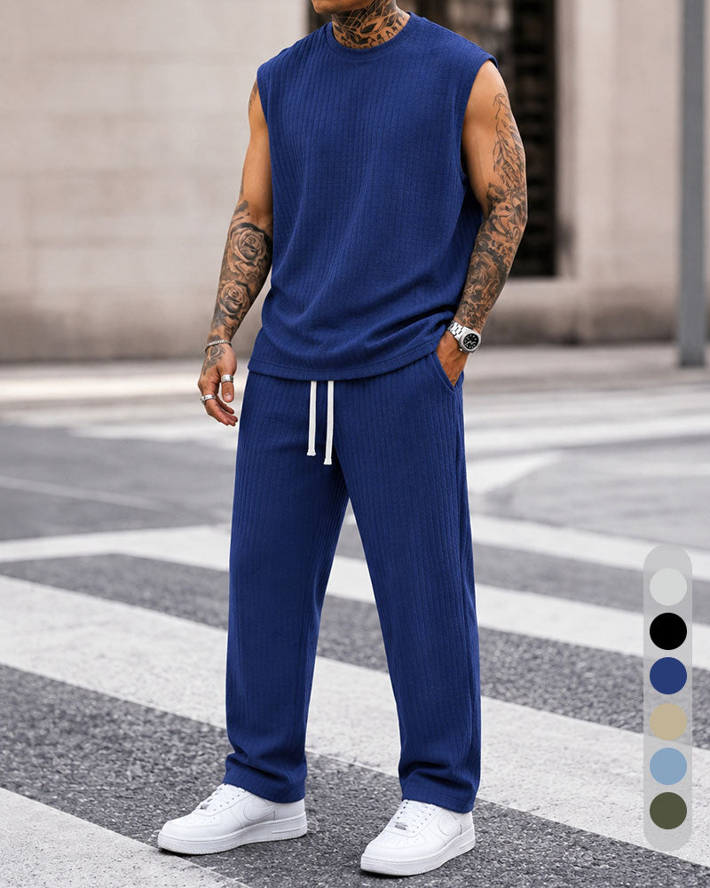 M-8XL Men's Texture Fabric Vest Straight Casual Pants Sports Two-piece Set