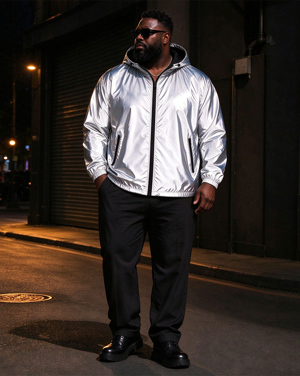 Large Size Men's Reflective Clothes Hooded Windproof Bright Silver Jacket Spring And Autumn Casual Jacket/Reflective Riding Jacket/Halloween Night Reflective Jacket