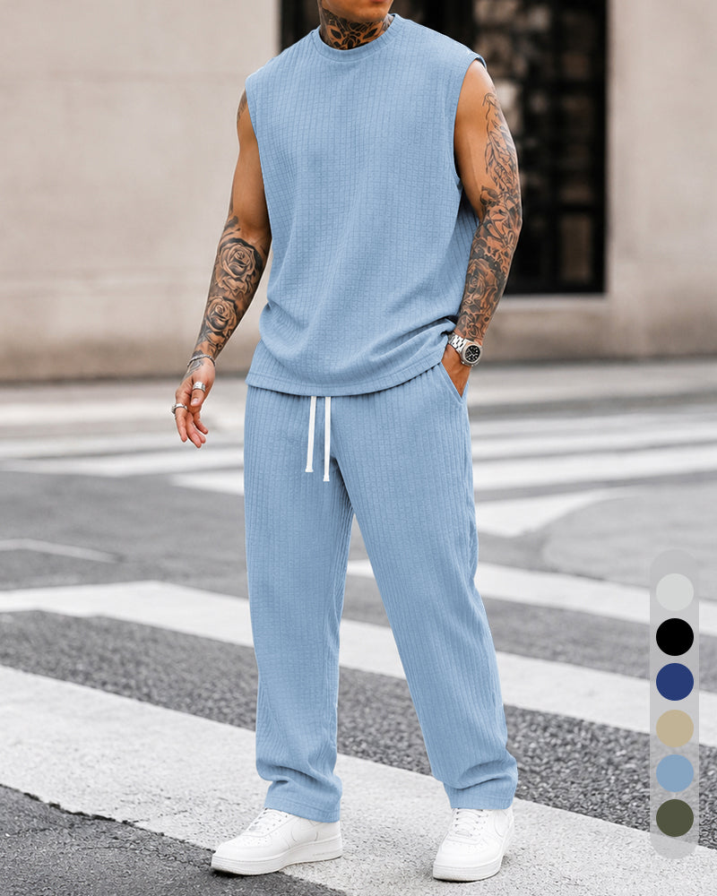 M-8XL Men's Texture Fabric Vest Straight Casual Pants Sports Two-piece Set