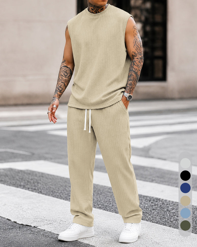 M-8XL Men's Texture Fabric Vest Straight Casual Pants Sports Two-piece Set