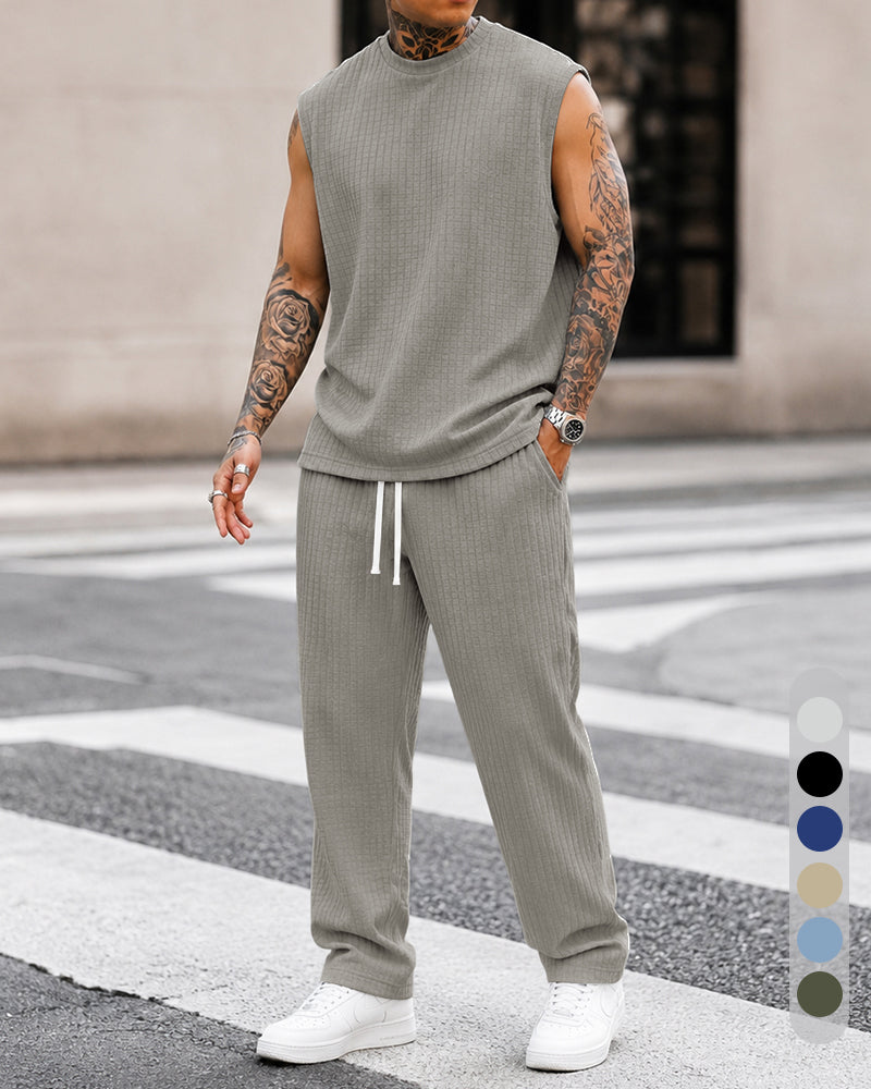 M-8XL Men's Texture Fabric Vest Straight Casual Pants Sports Two-piece Set