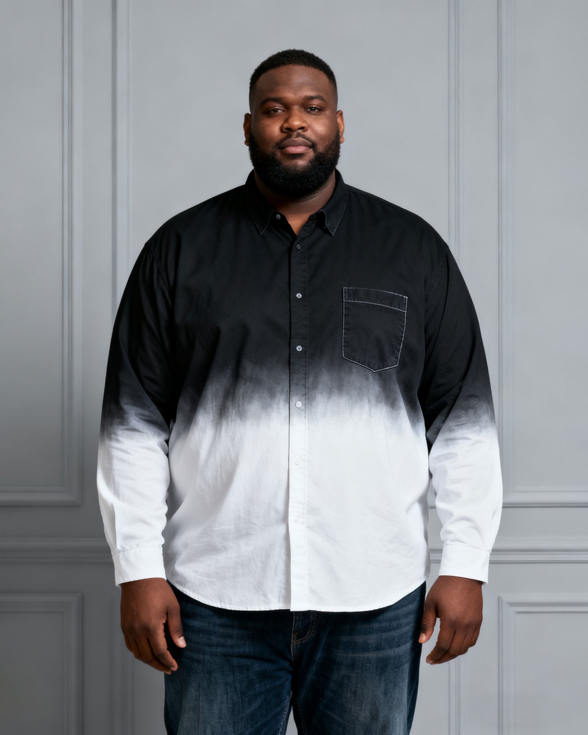 Men's Plus Size Landscape Ink Black & White Gradient Contrast Long Sleeve Lapel Shirt