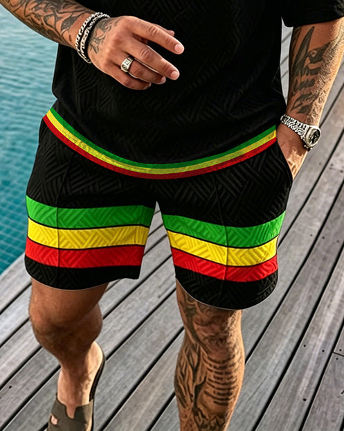 Big & Tall Men's Reggae Striped Lion Print Crewneck Short Sleeve T-Shirt Shorts Set
