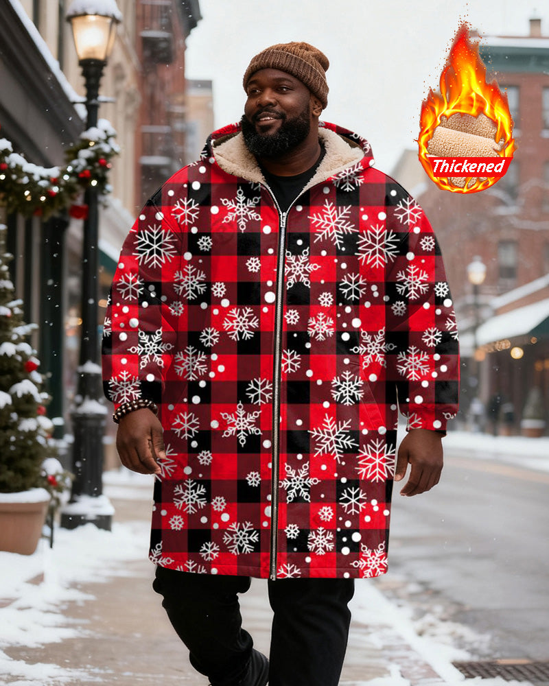 Big & Tall Men's Red And Black Plaid Snowflake Printed Velvet Thickened Long Hooded Coat