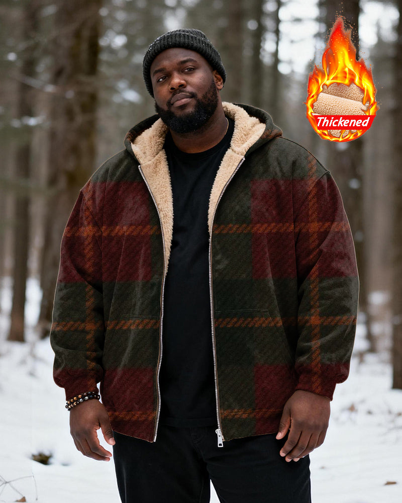 Big & Tall Men's Vintage Red And Green Check Print Velvet Thickened Zipper Cardigan Hoodie