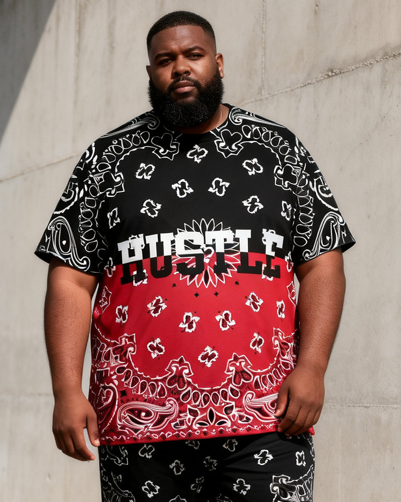 Big & Tall Men's Black And Red Gradient Paisley HUSTLE Printed Round Neck Short Sleeve T-Shirt Shorts Set
