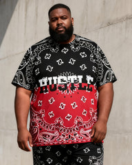 Big & Tall Men's Black And Red Gradient Paisley HUSTLE Printed Round Neck Short Sleeve T-Shirt Shorts Set