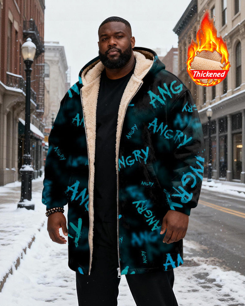 Big & Tall Men's Diablo "ANGRY" Graffiti Print Velvet Thickened Long Hooded Coat