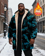 Big & Tall Men's Diablo "ANGRY" Graffiti Print Velvet Thickened Long Hooded Coat