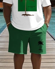 Big & Tall Men's Color-blocked Coconut Trees Print Crewneck Short Sleeve T-Shirt Shorts Set