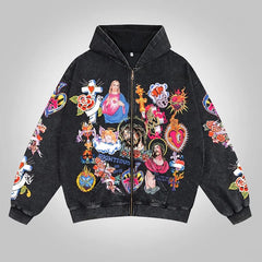 Big & Tall Men's JESUS Multiple Printed Black Wash Zip Hoodie