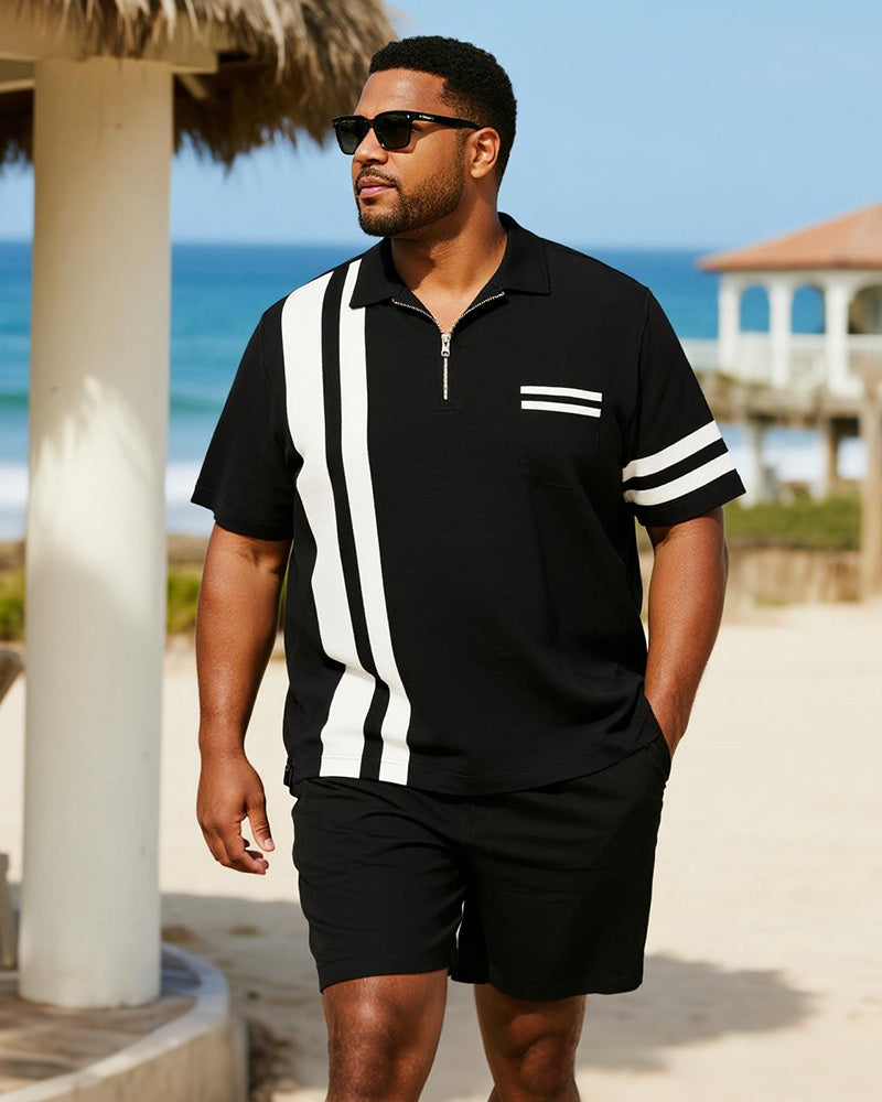 Big & Tall Men's Business Black Stripe Print Short Sleeve Zip Polo Shirt Shorts Suit