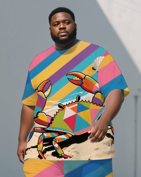Big Guy's Animal World Crab & Colorful Stripe Printed Casual Short Sleeve T-shirt Pants Set