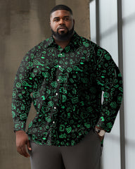 Plus Size Men's Casual Green Fun Cartoon Print Lapel Long Sleeve Shirt
