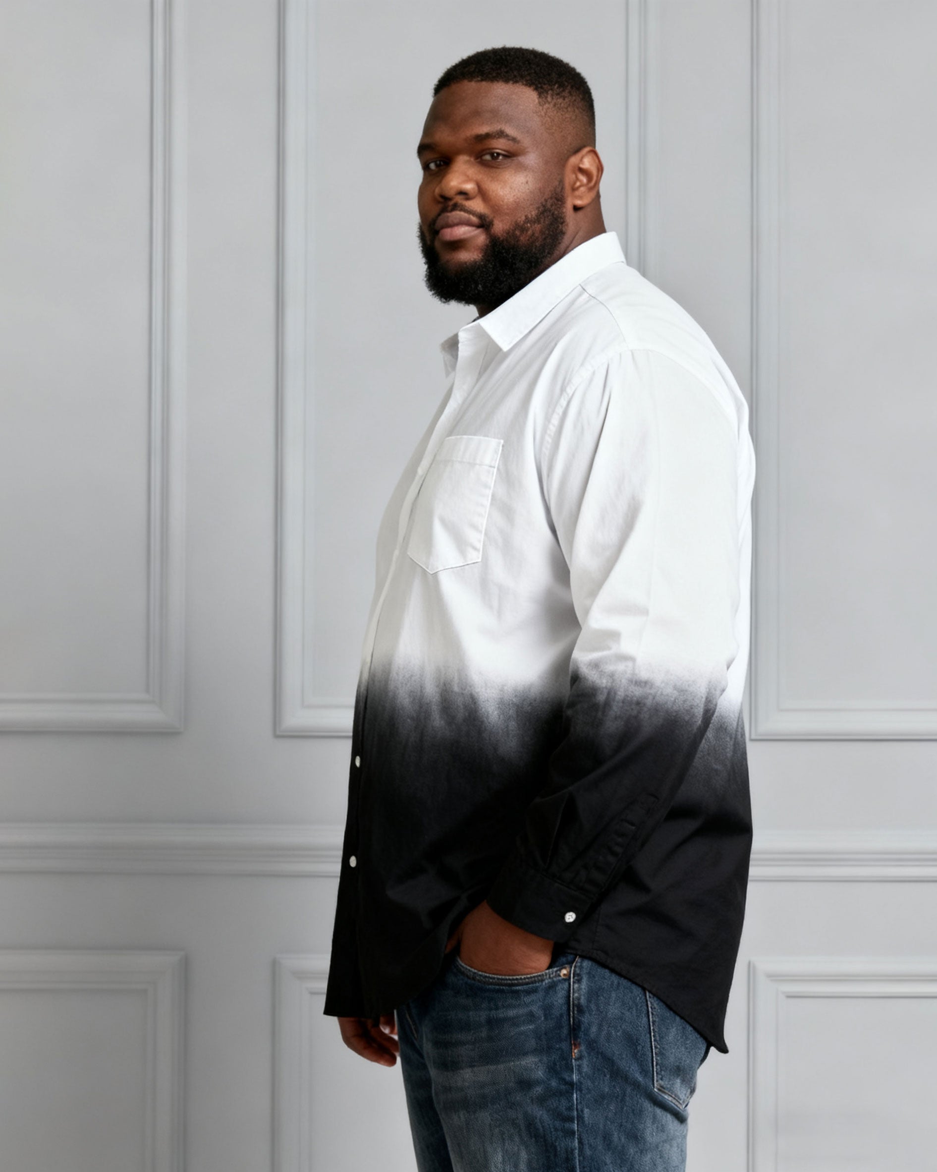 Men's Plus Size Landscape Ink White & Black Gradient Contrast Long Sleeve Lapel Shirt