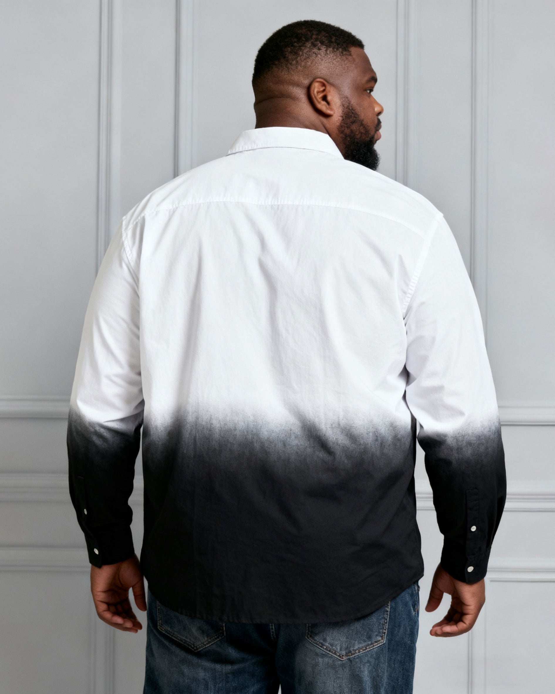 Men's Plus Size Landscape Ink White & Black Gradient Contrast Long Sleeve Lapel Shirt