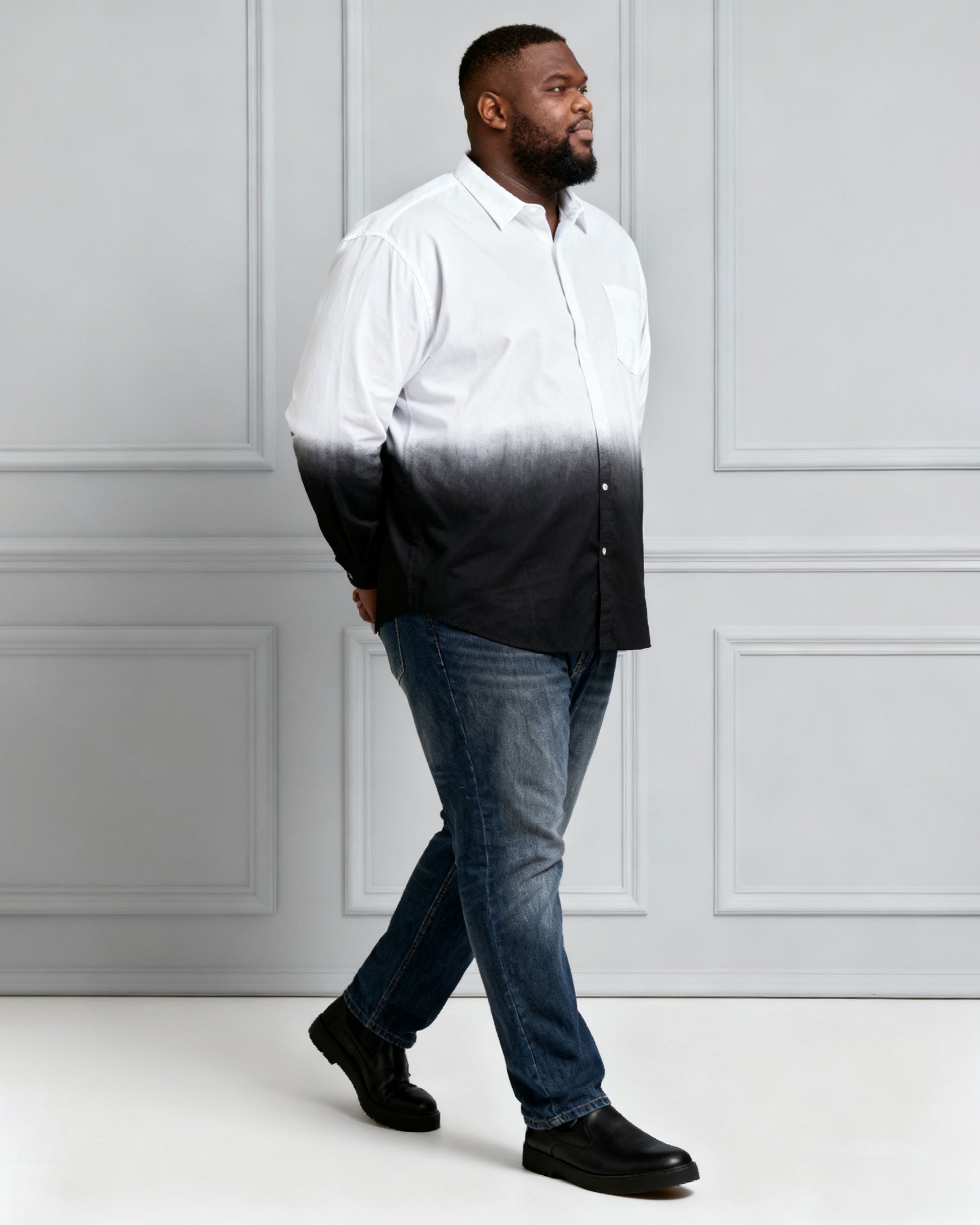 Men's Plus Size Landscape Ink White & Black Gradient Contrast Long Sleeve Lapel Shirt