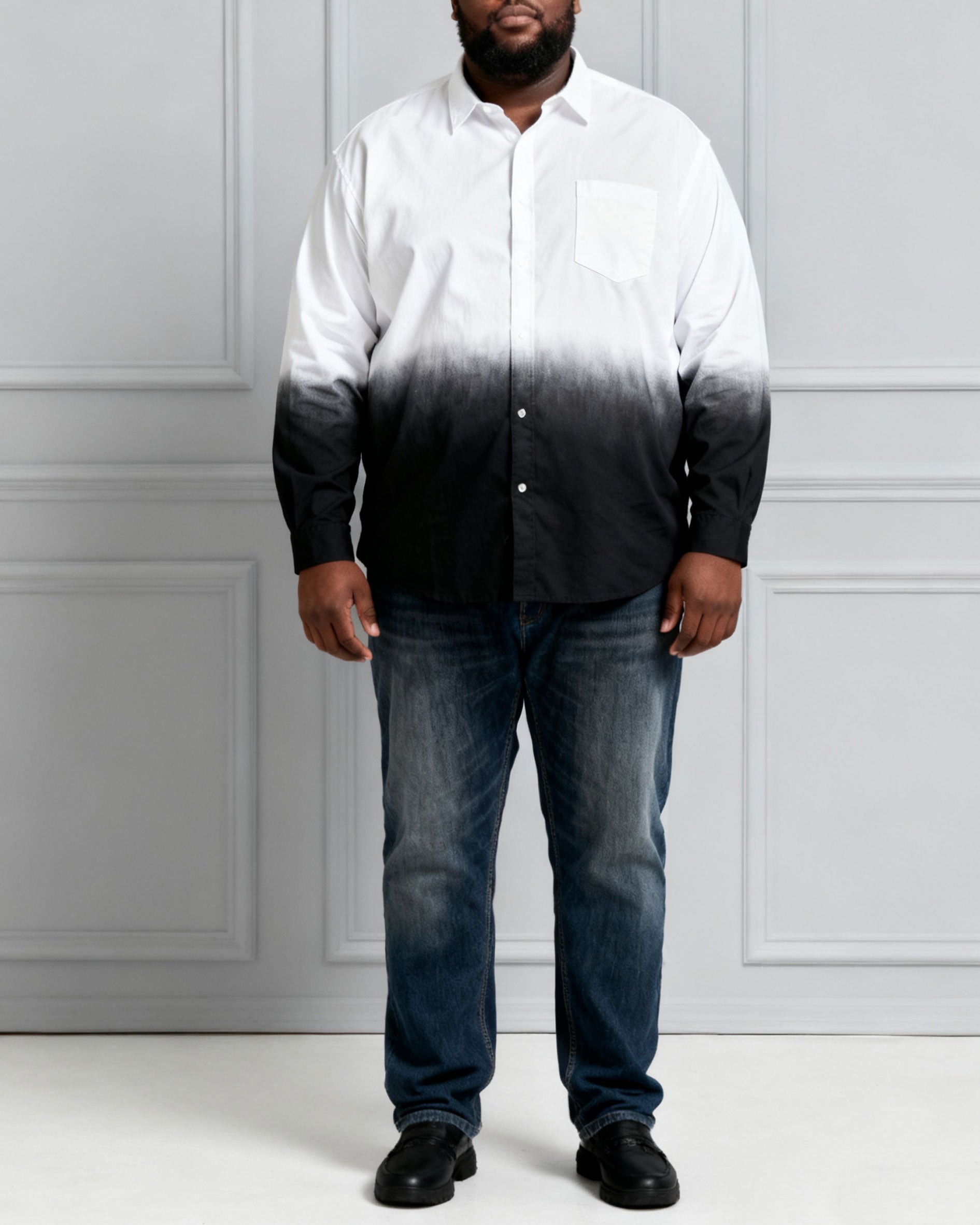 Men's Plus Size Landscape Ink White & Black Gradient Contrast Long Sleeve Lapel Shirt