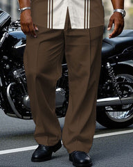 Men's Plus Size Brown & White Colorblock Short Sleeve Shirt Trousers Suit