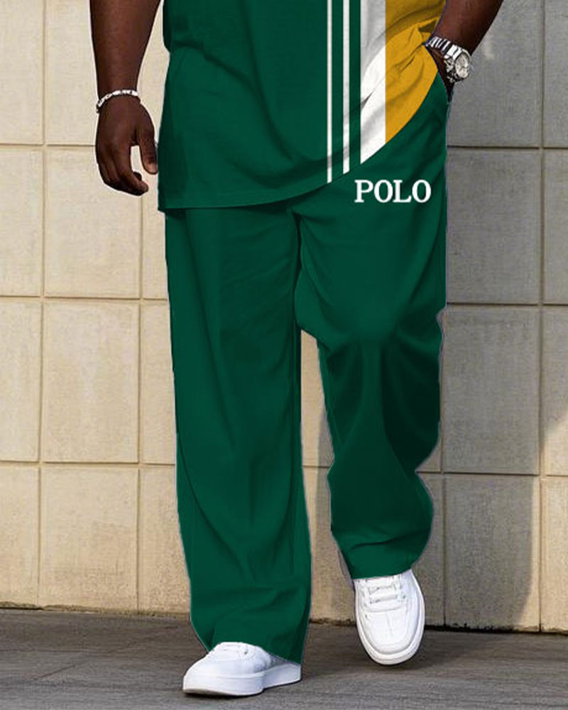 Men's Plus Size Casual Green & Yellow Color-block Small Label Printed Short-sleeved T-shirt Trousers Suit