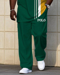 Men's Plus Size Casual Green & Yellow Color-block Small Label Printed Short-sleeved T-shirt Trousers Suit