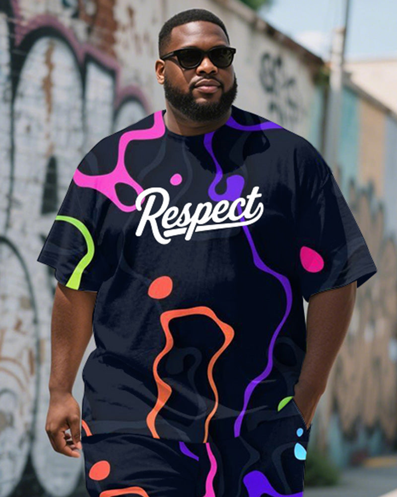 Men's Plus Size Irregular Graffiti Respect Letter Print Short Sleeve T-Shirt Shorts Suit