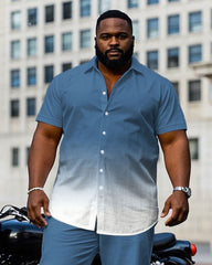 Men's Plus Size Fashion Fog Blue & White Gradient Short Sleeve Shirt Pants Suit
