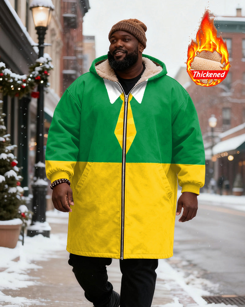 Big & Tall Men's Green And Yellow Tie Shirt Cosplay Printed Velvet Thickened Long Hooded Coat