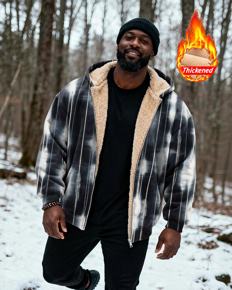 Big & Tall Men's Black And White Gradient Plaid Velvet Thickened Zipper Hoodie