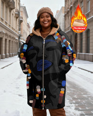 Women's Black Grey Abstract Face Color Beaded Print Velvet Thickened Long Hooded Coat