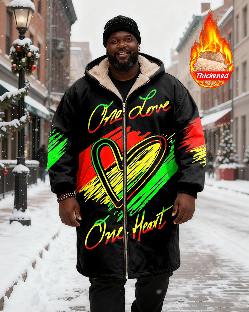 Big & Tall Men's Green, Yellow And Red "One Love" Love Theme Contrast Printed Velvet Thickened Long Hooded Coat