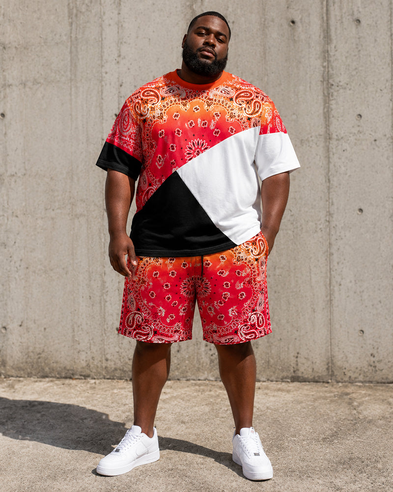 Big & Tall Men’s Orange-Red Ombre Paisley Patchwork Print Crew-Neck Short-Sleeve T-Shirt And Shorts Set