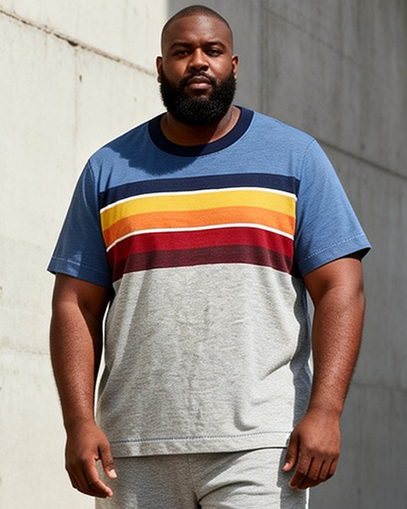 Big & Tall Men's Blue Grey Gradient Rainbow Stripe Printed Round Neck Short Sleeve T-Shirt Shorts Set
