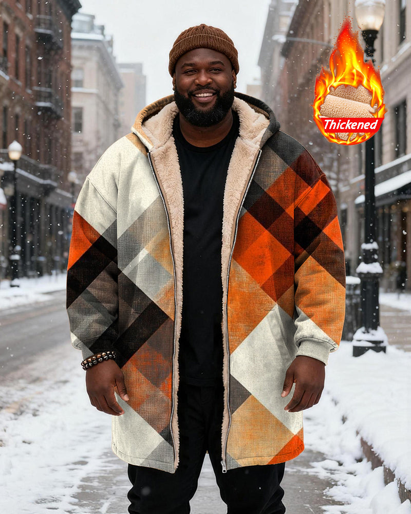 Big & Tall Men's Orange Plaid Printed Velvet Padded Long Hooded Coat