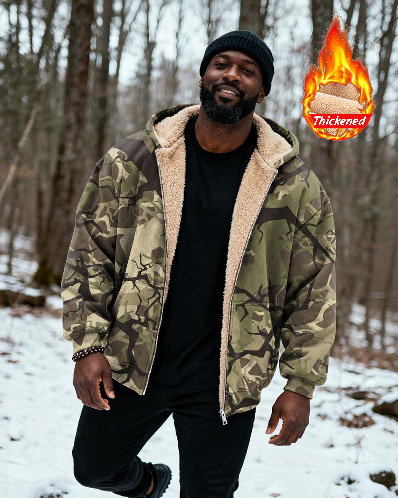Big & Tall Men's Hunting Style Branch Camouflage Print Velvet Thickened Zipper Cardigan Hoodie